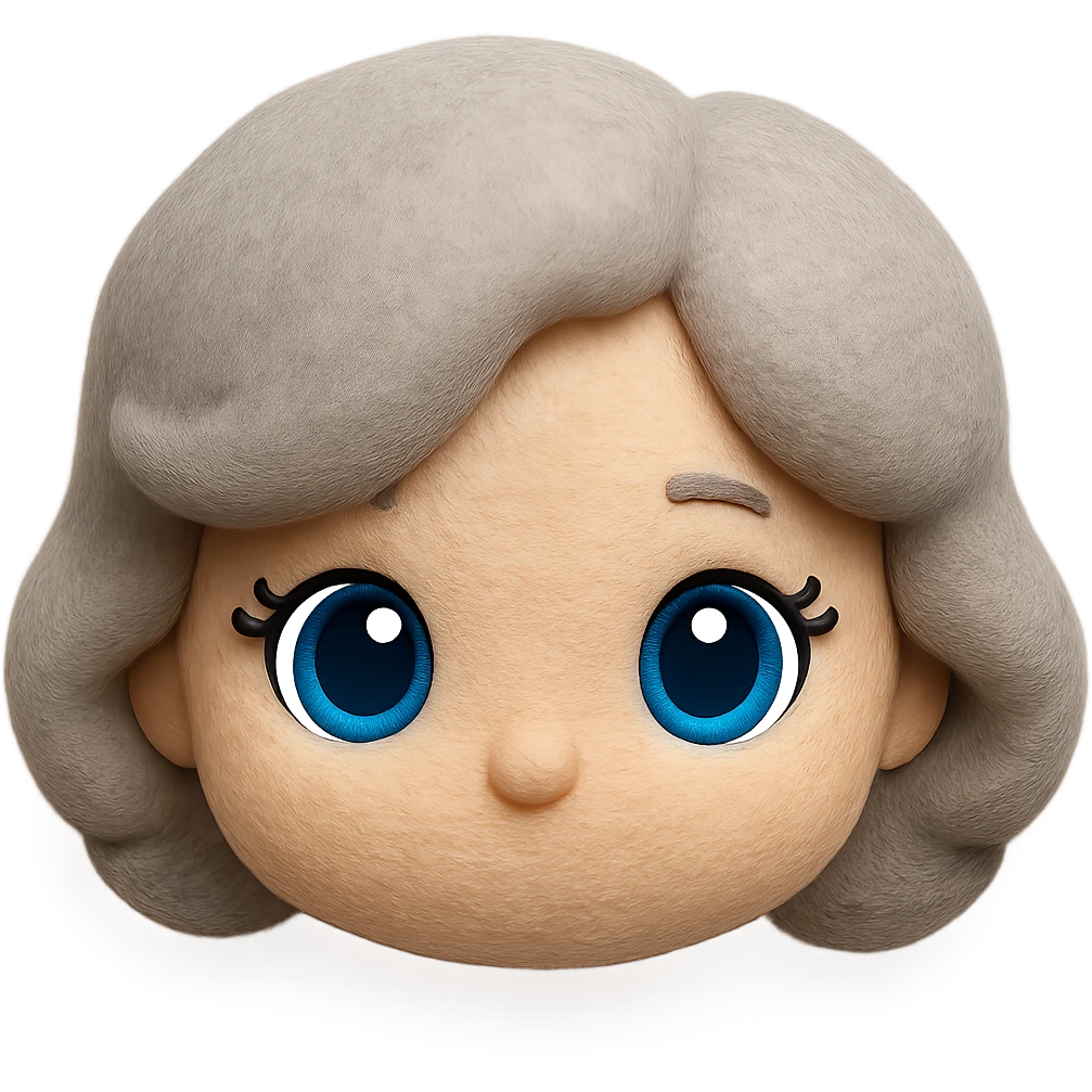 Remove any neck or body, make the blue eyes more vibrant and lively, keep soft fleece texture, pure silver grey hair styled in a 1940s bob, cute plush-style eyelashes, no mouth, no white border, transparent background. Maintain a cute plush style with soft fleece texture and vibrant blue eyes. emoji
