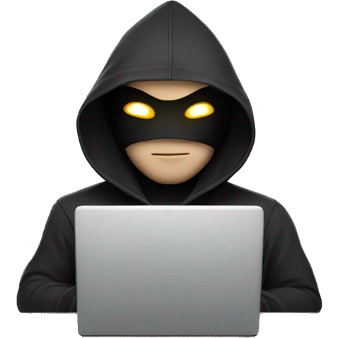 hooded masked man with a laptop and bright glowing white eyes  emoji