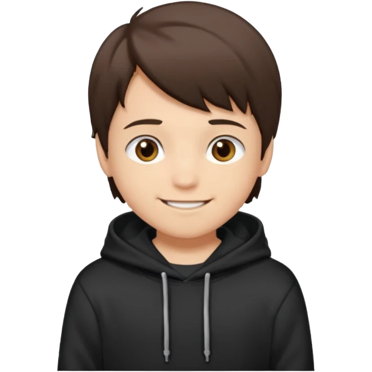 A brunette boy, short straight hair, light brown eyes, with a black sweatshirt with a hoodie, and smile  emoji