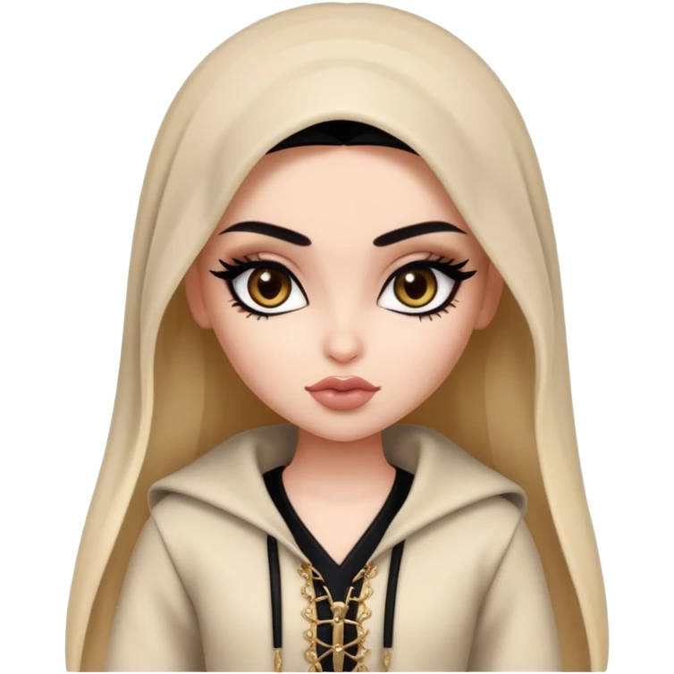 arabian, pretty lips, clothes, very pale skin,  dark brown eyes, pretty bratz baddie, black eyeliner emoji