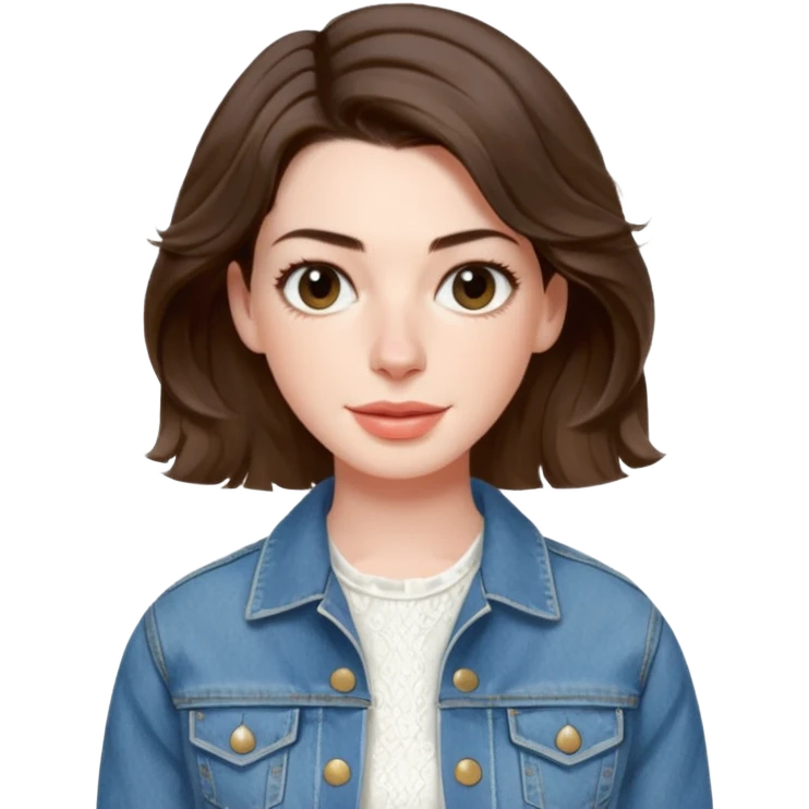 Anne Hathaway with short wavy hair with white cotton dress and denim jacket emoji