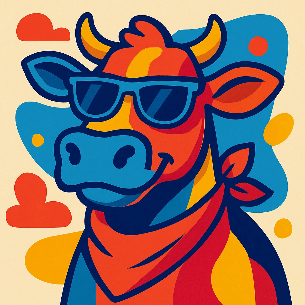 a cool cow wearing sunglasses and a neckerchief, fun modern style, vibrant toon emoji