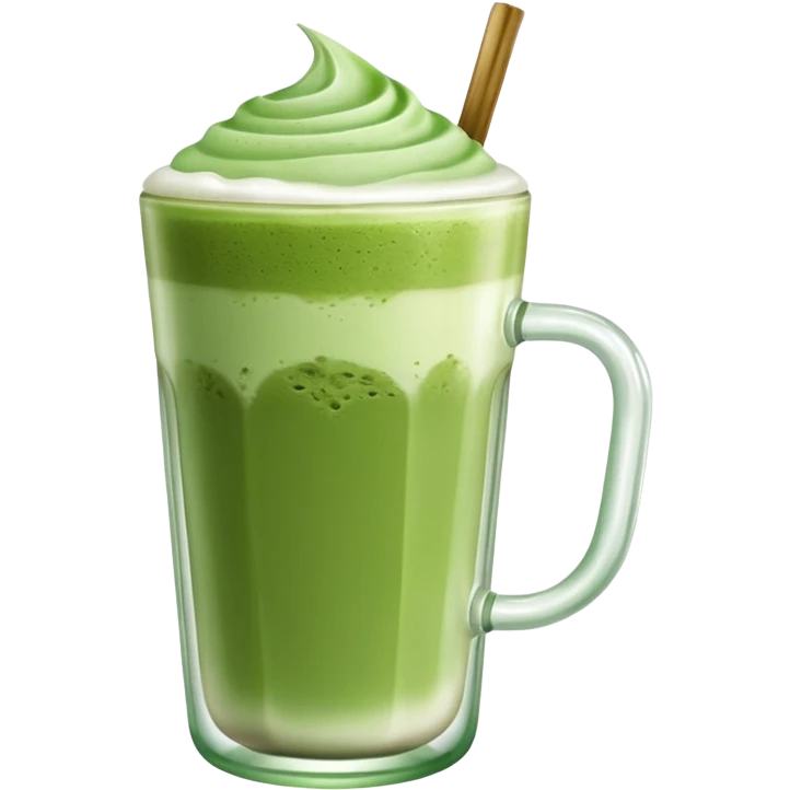 transparent glass filled with matcha latte, visible green color and foam emoji