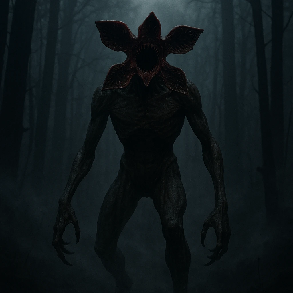 A Demogorgon in a dark, misty forest, inspired by Stranger Things, in a dramatic, cinematic style emoji