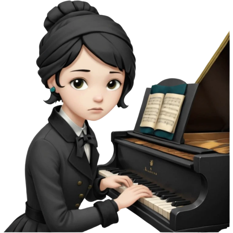 female pianist 20 years old, sad, antique hairstyle, head wrapped twice with a narrow black ribbon. Dark, thick hair in a rough knot. sits playing the piano, half-torn buttons on coat and torn gloves emoji