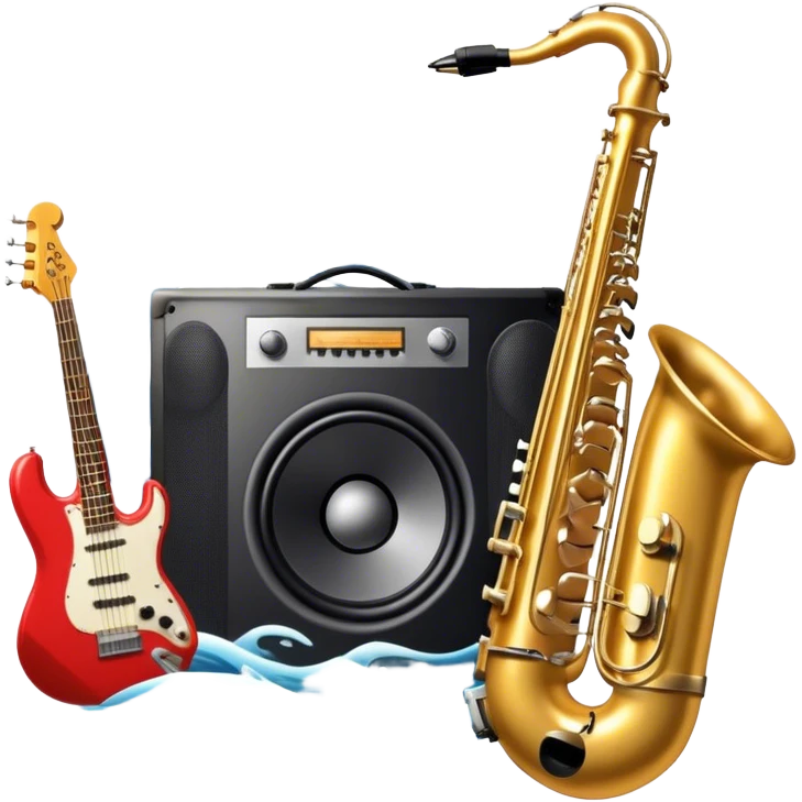 Icon for R&B Music Listening: large concert speakers and headphones with waves of musical notes coming out, along with drums, bass guitar and saxophone. The icon should convey the energetic and rhythmic vibe of R&B music. Transparent background emoji