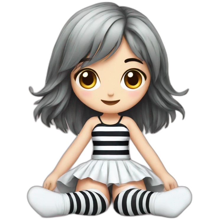 Frontal view curvy emo girl sits white skirt striped stockings hands up emoji