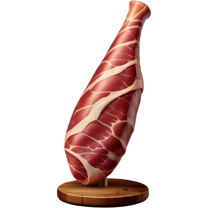 ​Cinematic Realistic Spanish Jamón Leg, depicted as a massive, cured leg of Jamón serrano with a deep reddish-brown hue, intricately marbled and slightly glossy with age, elegantly displayed on a rustic wooden stand and bathed in warm, soft lighting that accentuates its artisanal heritage, emoji