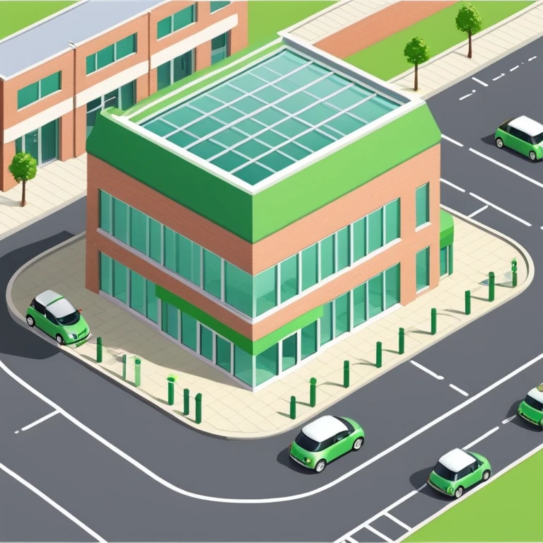Isometric Waitrose supermarket building with green branding, brick exterior, glass entrance, British parking area with Mini Cooper cars emoji
