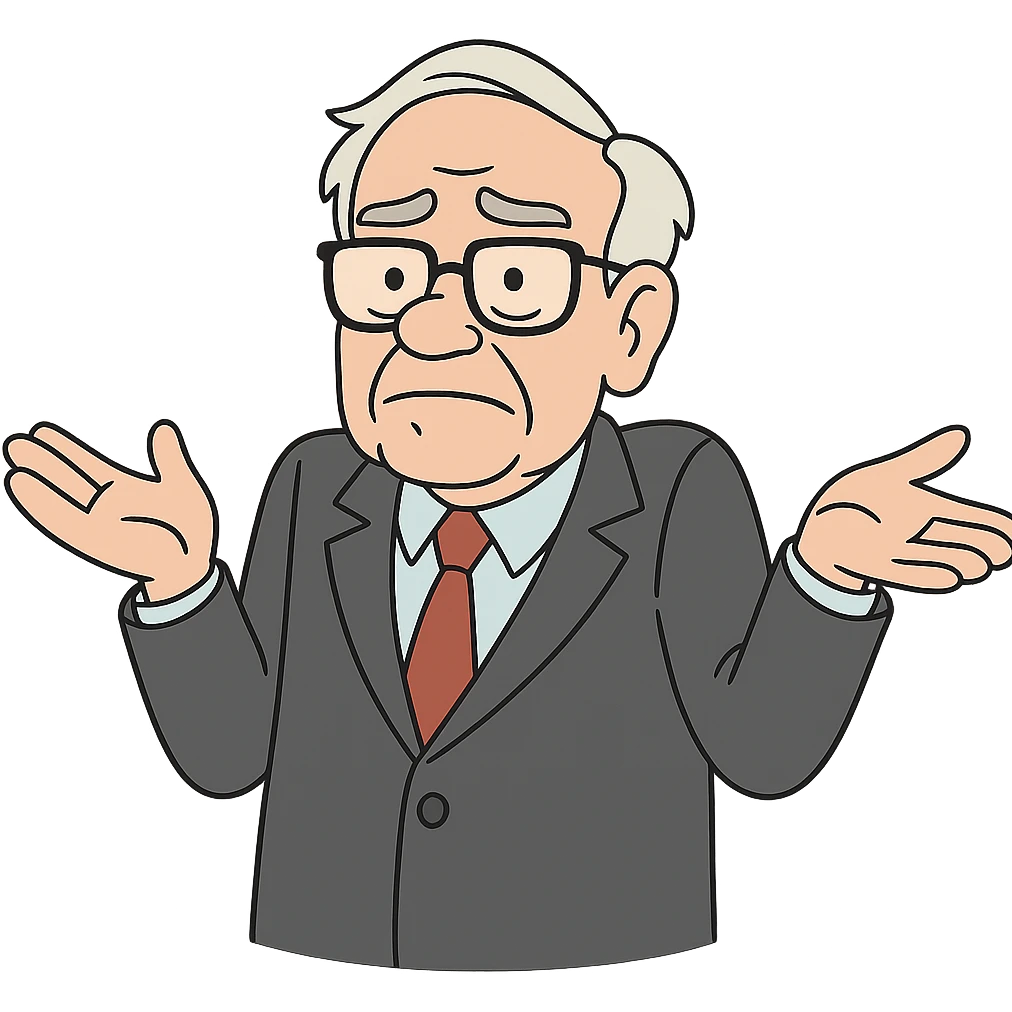 Warren Buffett shrugging his shoulders, unsure, wearing glasses and a suit, cartoon style emoji