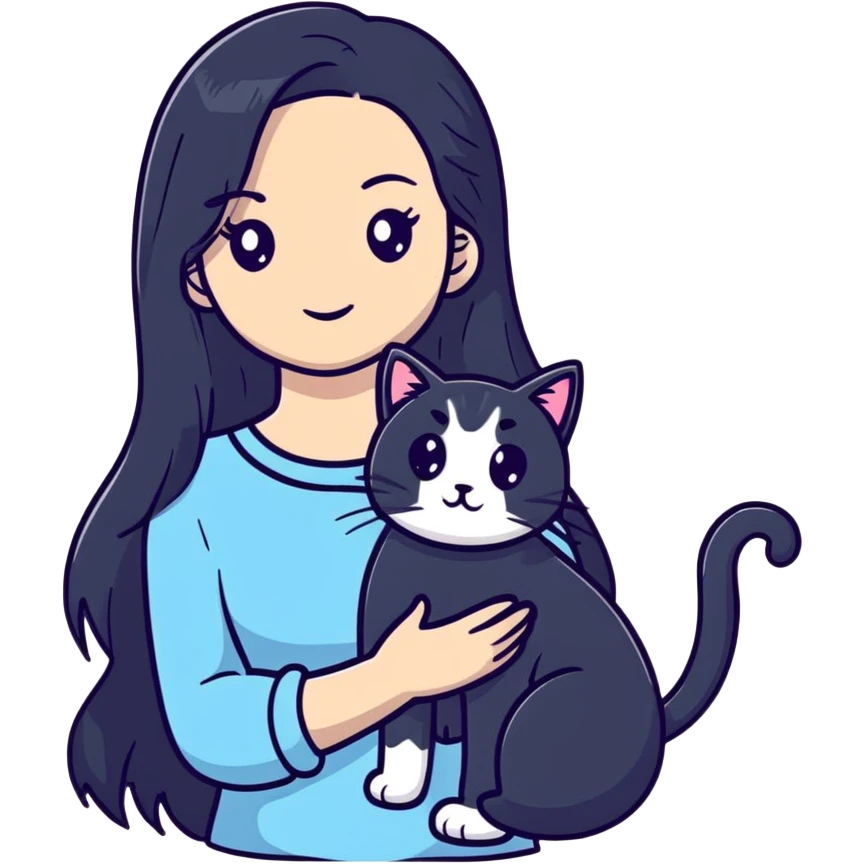 beautiful girl with long black hair holding a silver-colored cat emoji