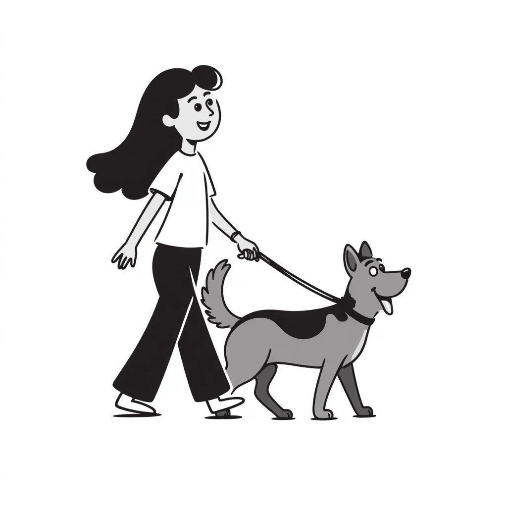 girl with long black hair walking a German Shepherd emoji