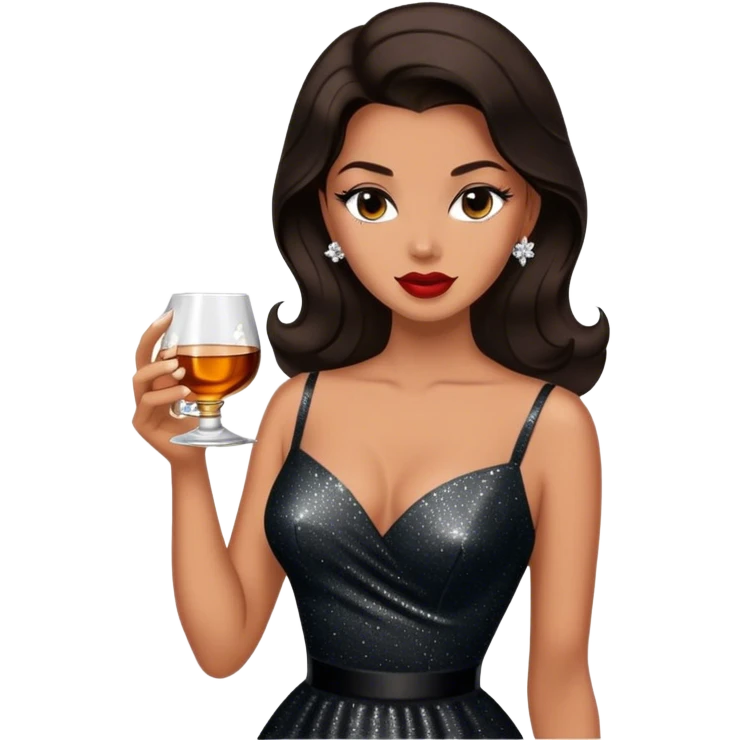 Beautiful woman in 1950’s woman fashion look, black shimmery dress, long dark brown hair, whisky with ice emoji