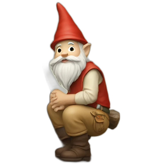 side view of gnome with light tan pants squatting above tiny brown log emoji