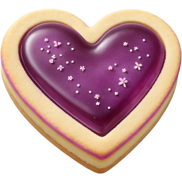 Realistic shortbread cookie in the shape of a heart with mauve jelly middle filling and sprinkled powder sugar on top. emoji