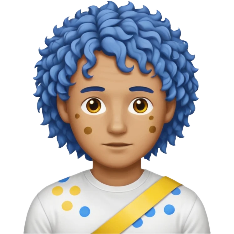 Make me an emoji that has a guy with a white shirt and yellow tape around the shirt with brown and blue spots hair make the hair curly make the yellow tape go around it emoji