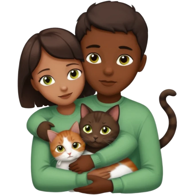 Crea un emoji donde salga un chico moreno con los ojos claros, una chica morena con los ojos marrones y SOLO UN gato europeo comun de pelaje oscuro y ojos verde claro, quiero que se esten abrazando y el gato este en el medio del chico y la chica emoji
