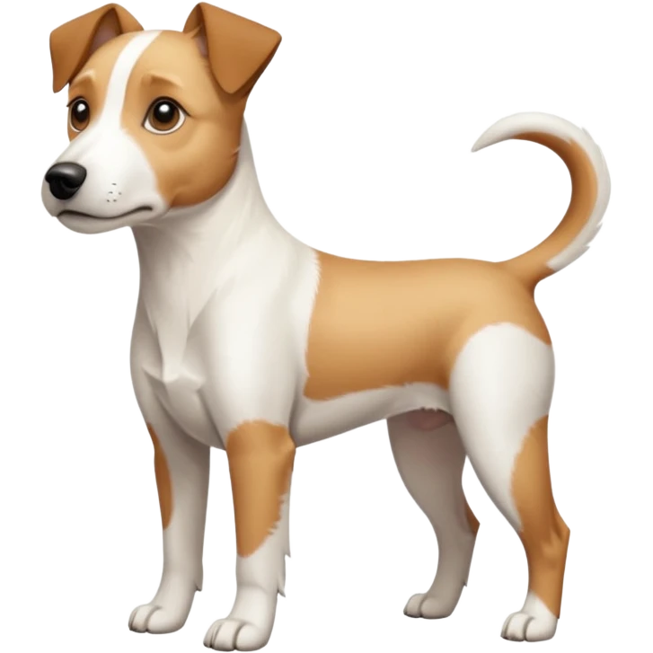 a full body facing front on of a buff white parson russell terrier looking dog the size of a kelpie with light brown long ears and a light brown patch on one eye and a large snout. the rest of the dog is completely white.  emoji