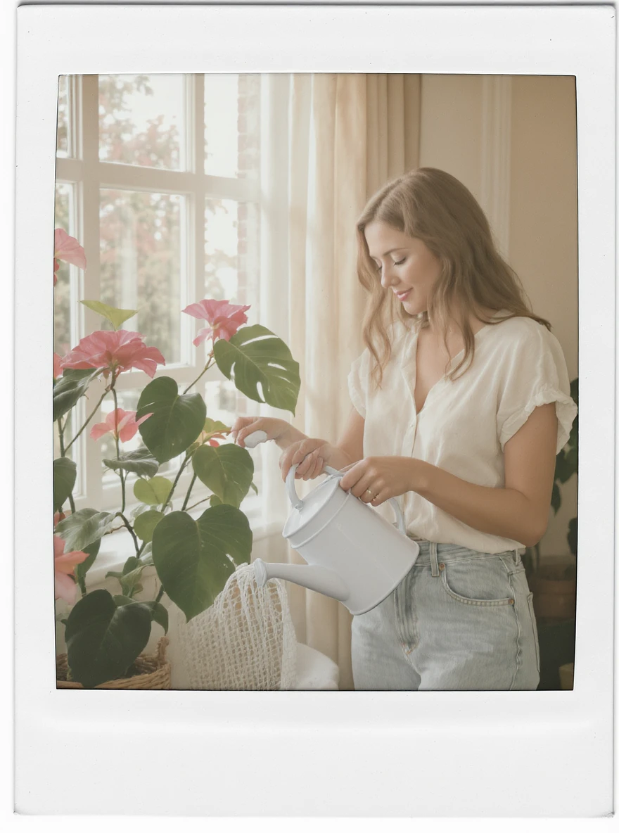 woman watering her monstera plant emoji
