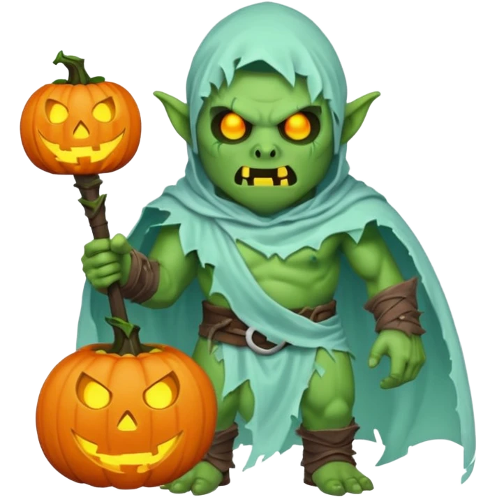male orc warrior ghost emoji, green skin, tusks, wearing torn white ghost sheet costume, holding glowing jack-o'-lantern, faint blue aura, friendly but spooky expression, Halloween fantasy theme, Apple emoji style, clean white background, square emoji