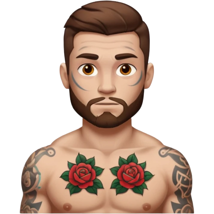 tattoo man, white skintone,brown hair, tattoos on face, more visible, bulky man with tattos on his chest. emoji