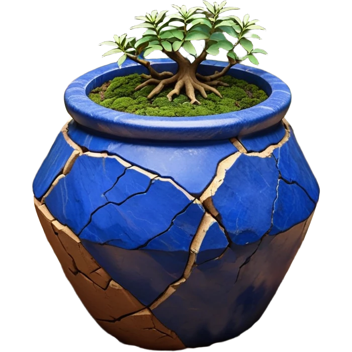 Aged two toned lapis blue terracotta Roots Stoneware akadama moss on soil irregular angular Stone Age rocks cracked crags and broken rough edges forming a very shallow Yixing forest pot emoji