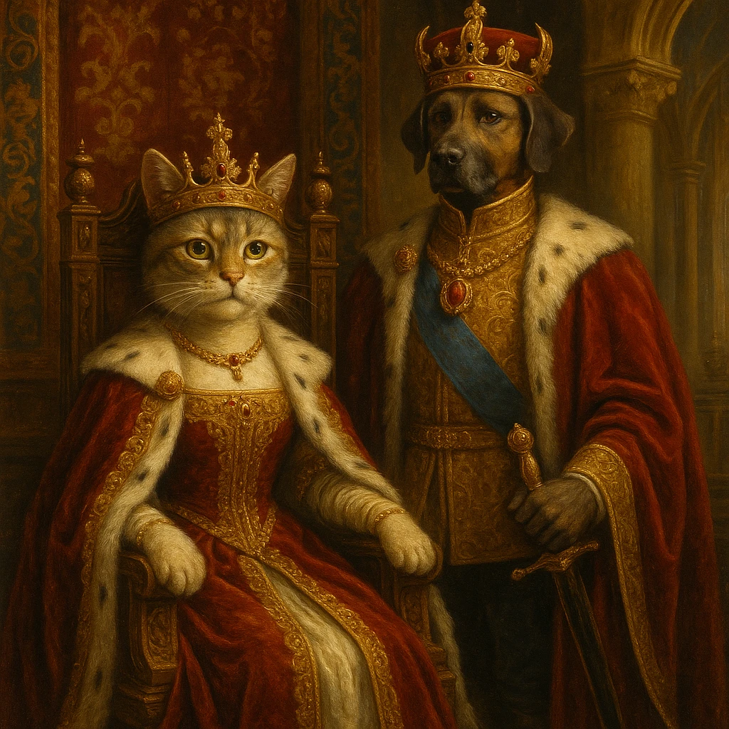 queen cat sitting on throne, king dog standing beside, royal atmosphere emoji