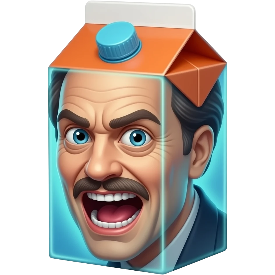 Juice box that looks like Willem Dafoe making a crazy face emoji