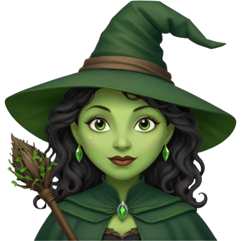 elphaba the wicked witch from wicked movie (cynthia erivo) dark long curly hair, thick lips, wide nose, green skins, witch hat, witch broom, evil, wicked musical film, smirk emoji