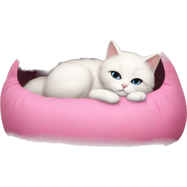 white ragdoll cat sleeping in a pink cat bed emoji