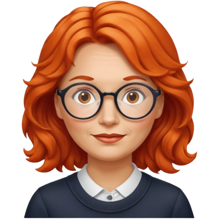 Norwegian woman, middle-aged, red-orange wavy hair tied to the left, big round glasses emoji