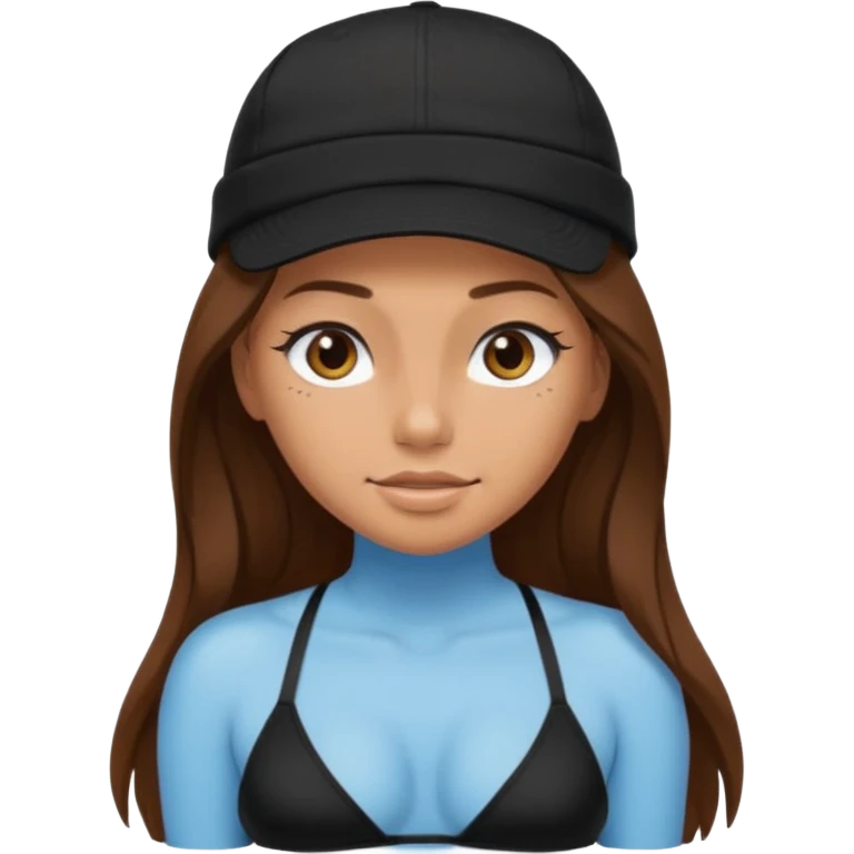 A tanned girl's face long brown hair with backwards black cap with black bikini top emoji