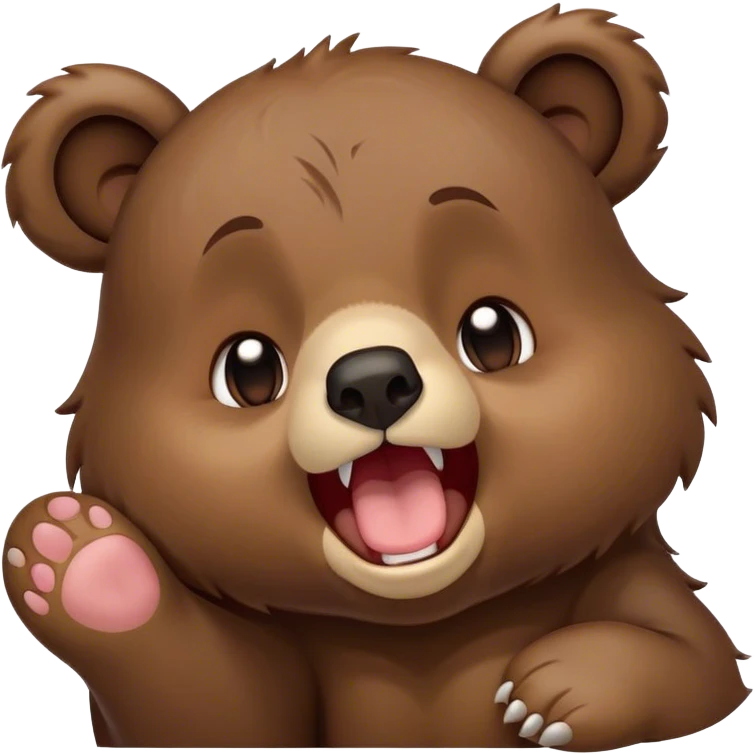 Cinematic Cute Yawning bear cub Portrait Emoji, Head tilted slightly with a dramatic, wide-open yawn, showcasing a soft, plush dark brown fur with drooping ears, round eyes barely open in drowsy contentment, Simplified yet irresistibly adorable features, highly detailed, glowing with a soft, cozy glow, high shine, relaxed yet expressive, stylized with a touch of woodland charm, bright and endearing, soft glowing outline, capturing the essence of a sleepy yet affectionate bear cub, so drowsy it feels like it could lumber out of the screen and curl up for a nap! emoji