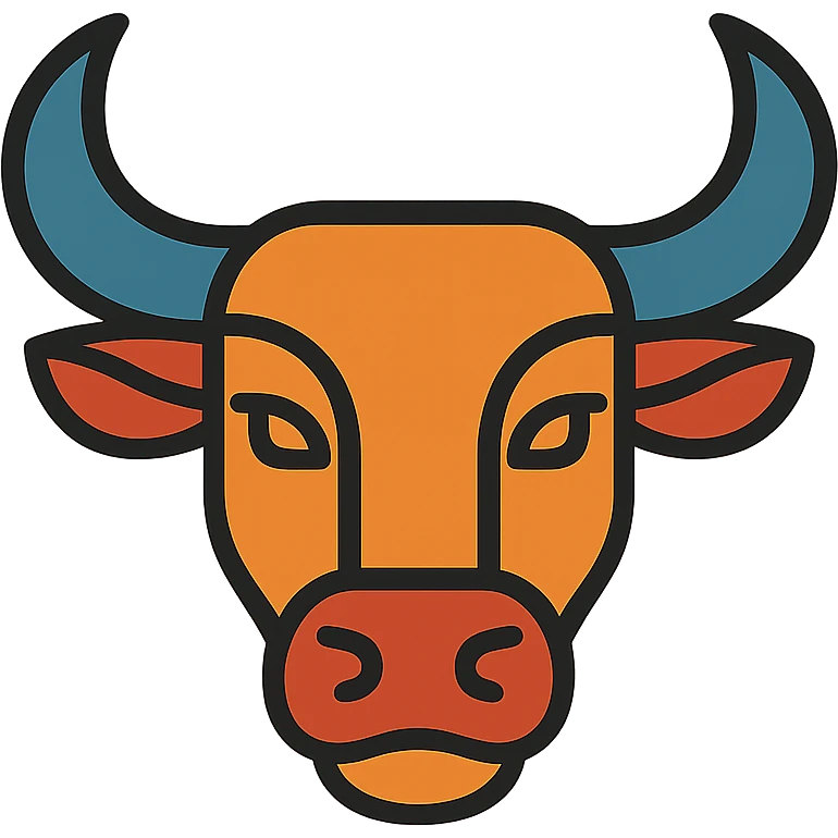 stylized ox head icon, large horns, curved snout, strong jaw, modern icon style emoji