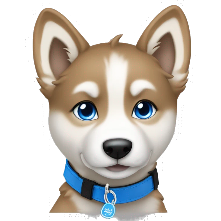  Caramel Frappe Brown husky puppy sitting head tilted gazing at viewer with blue eyes with metallic blue bone as on black collar tag emoji