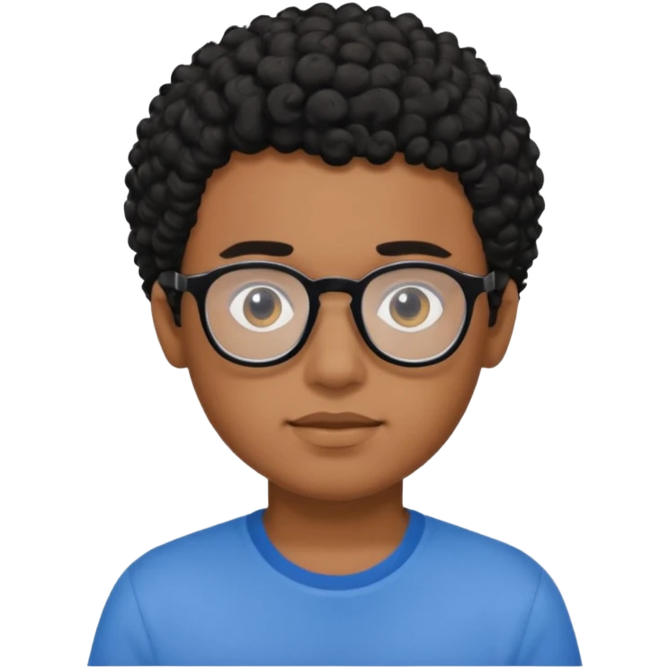 Menino moreno com cabelo curto cacheado preto, de óculos preto e blusa azul emoji