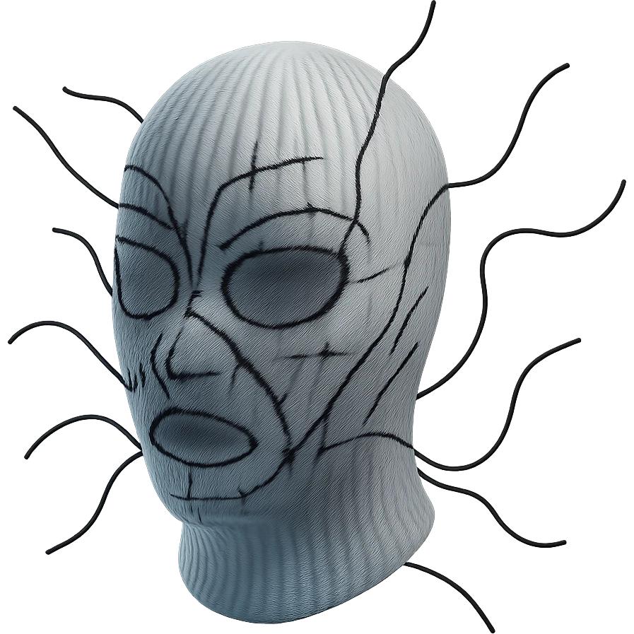 The mask is a full-head, white knitted balaclava with a tight ribbed texture. It features two asymmetrical eye openings and a partially exposed mouth area. Black thread is stitched across the surface in chaotic, abstract lines that trace facial features, giving a hand-drawn effect. Several black cords extend outward from the mask, varying in length and direction, adding a sculptural, almost organic appearance. The overall look is bold, handcrafted, and visually striking. emoji