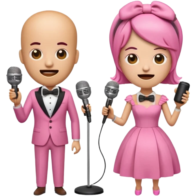 two whimsical characters together as an emoji, one with a wooden cylindrical head and bow tie, the other with a coffee cup head and pink dress, both singing into microphones, matching exact facial expressions and features from reference image, full body, transparent background emoji
