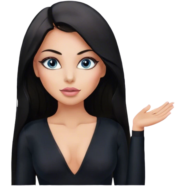 Glamours, tanned, beautiful, girl, with blue eyes, big pump peach-beige-rose lips, eyeliner, long lashes, black straight smooth silky long hair, parting hair in the middle,  in black v-neck bodysuit long sleeves emoji