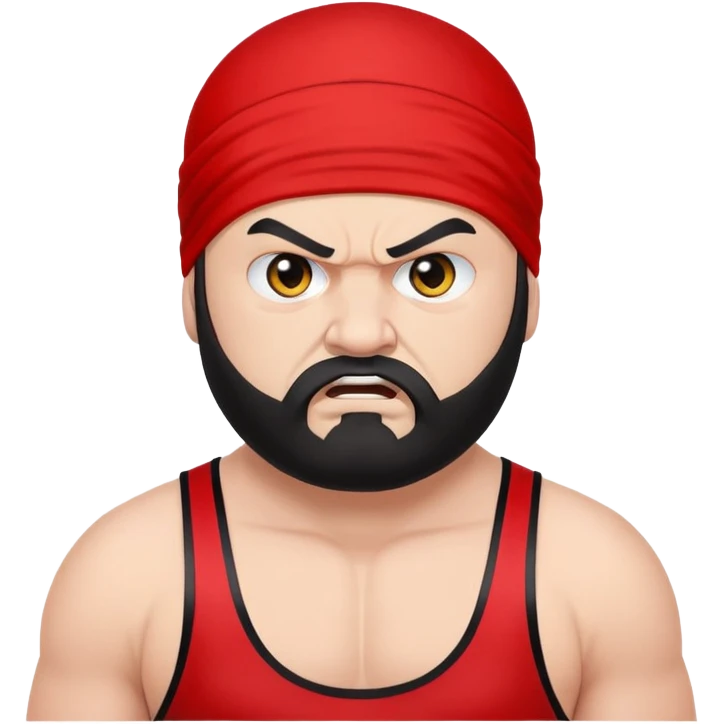 White skin fat guy with black durag, black beard, black eyes in a red and black wrestling singlet with angry face emoji