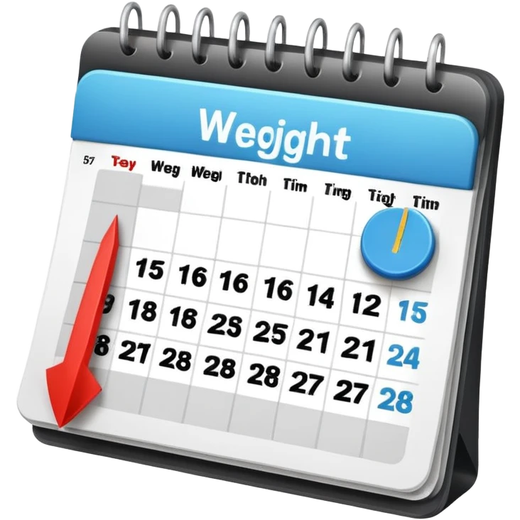 calendar with scale and arrows showing weight decreasing over time emoji
