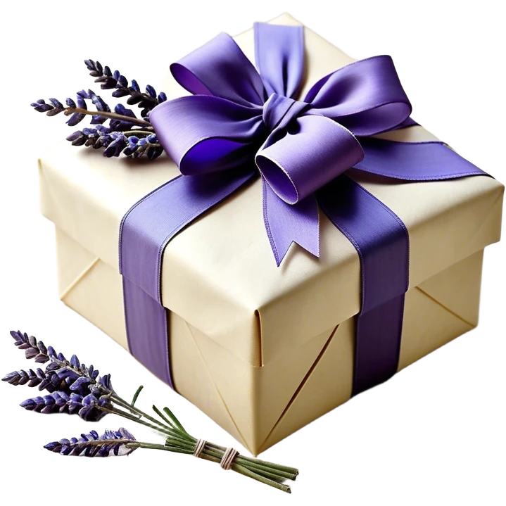 A weathered parchment-wrapped gift, secured with a lavender silk bow, lies nestled among dried sprigs of violet and indigo-hued lavender, their scent mingling with the faint trace of aged paper. A few stray ribbons, in shades of wisteria and dusk, cascade over the edges, whispering of quiet elegance and old-world charm.
 emoji