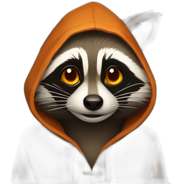 brown raccoon with orange eyes and a dark green hood that smile emoji