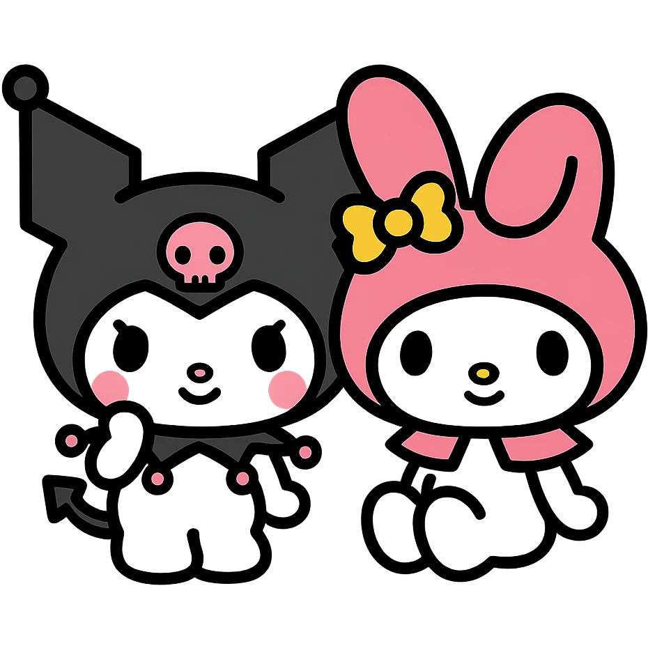Kuromi and My Melody together, outlined, cute details emoji