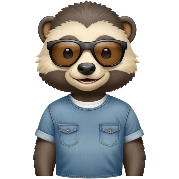 friendly anthropomorphised honey badger in jeans and a t-shirt, wearing sunglasses, head and shoulders view, smiling emoji