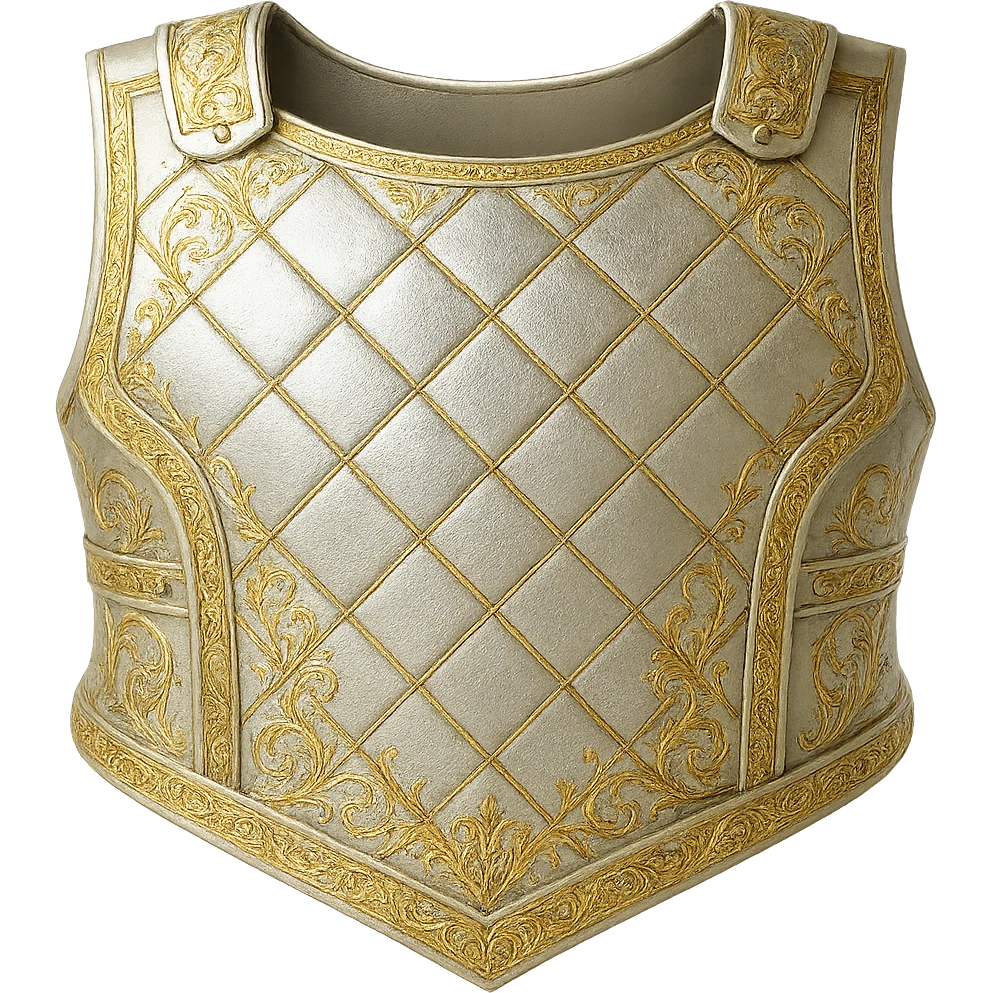 Recolor this armor to a very light metallic silver color with ornate gold engravings. Emphasize a bright, reflective silver finish and detailed gold engravings. Transparent background. emoji