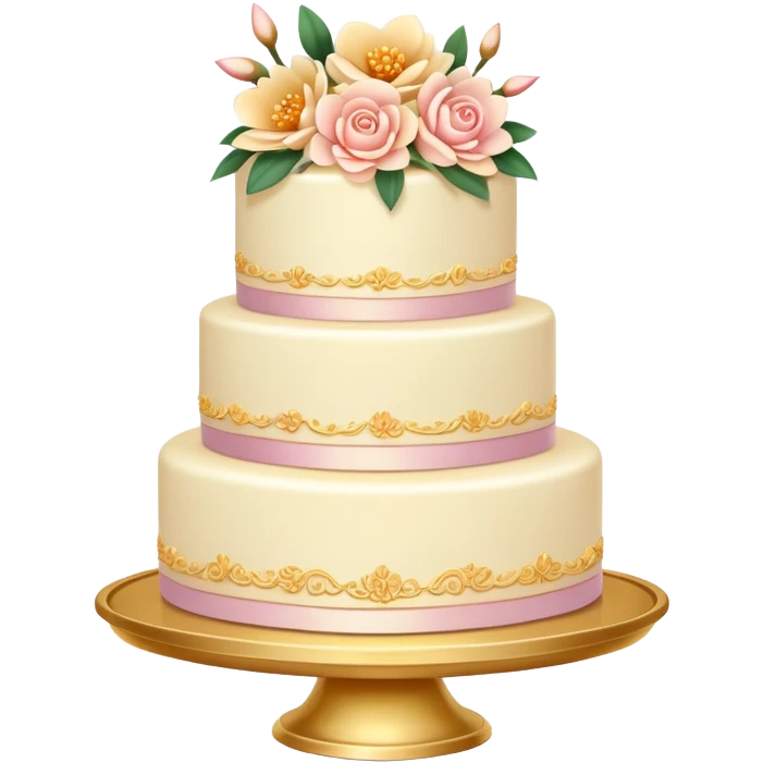 Romantic pastel wedding cake with warm-colored flowers on a gold plate emoji