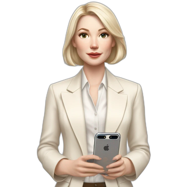 pale skin woman with ash blonde Straightened bob Hair, White Spacious classical jacket, beige palazzo Arrow pants and gray blouse holding white IPhone 15 pro in the hands emoji