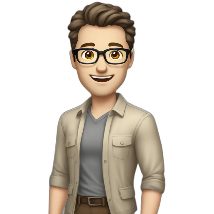Joyful Pale skinned Fit Man With dark brown hair in gray jacket, beige office shirt, Brown pants and vintage glasses. His thrumbs up emoji