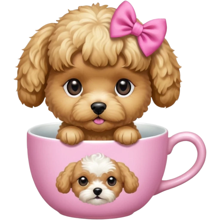 Golden maltipoo dog with pink bow k bow that is very poise make it have a cup of tea emoji
